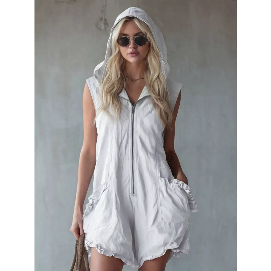 Full Size Hooded Sleeveless Zipper Romper with Ruffled Pockets Plus Size White / S Apparel and Accessories