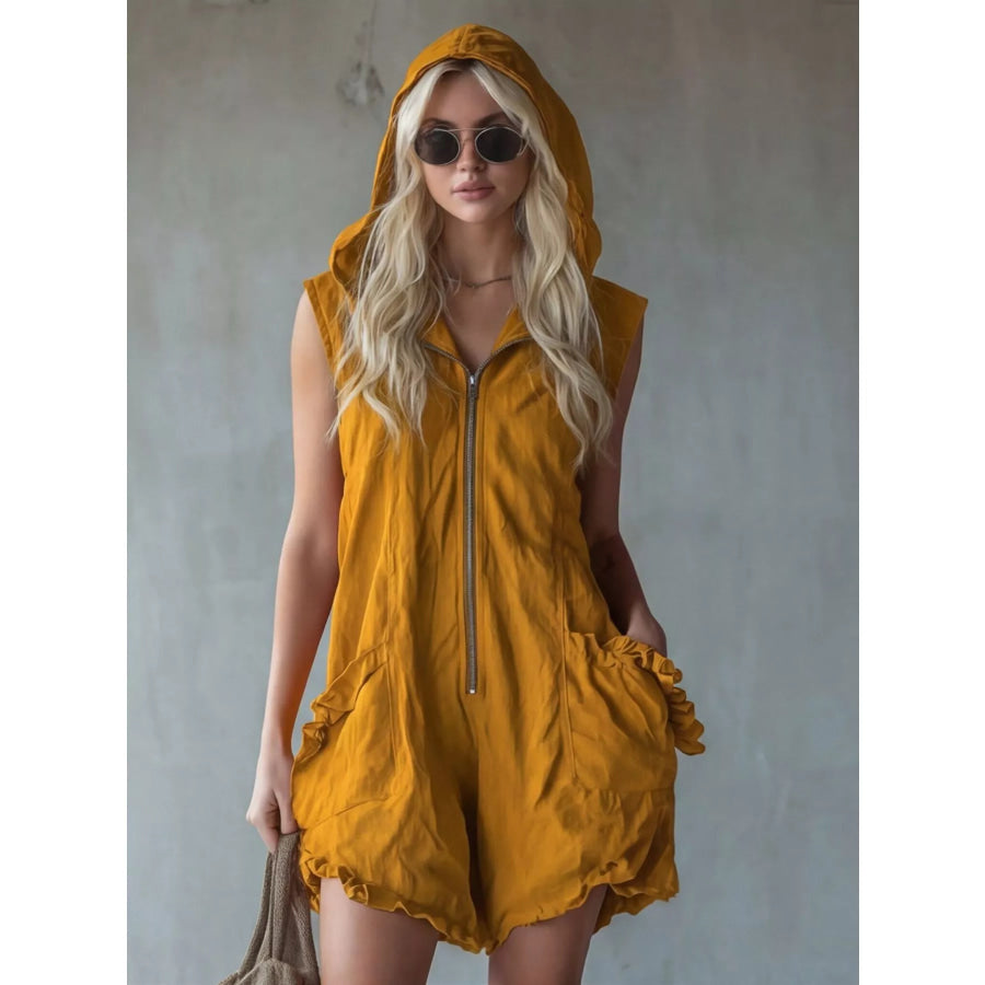 Full Size Hooded Sleeveless Zipper Romper with Ruffled Pockets Plus Size Yellow / S Apparel and Accessories