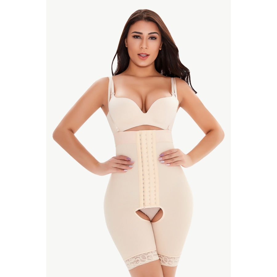 Full Size Hook-and-Eye Lace Trim Shaping Bodysuit Apricot / S