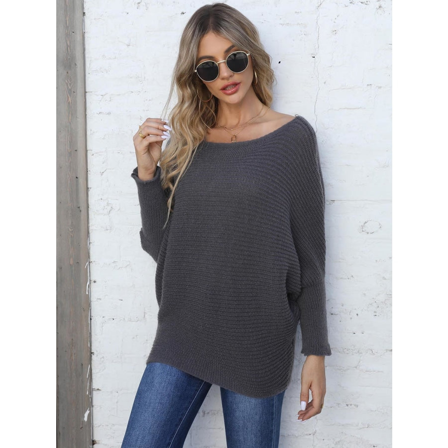 Full Size Horizontal Ribbing Dolman Sleeve Sweater Charcoal / S