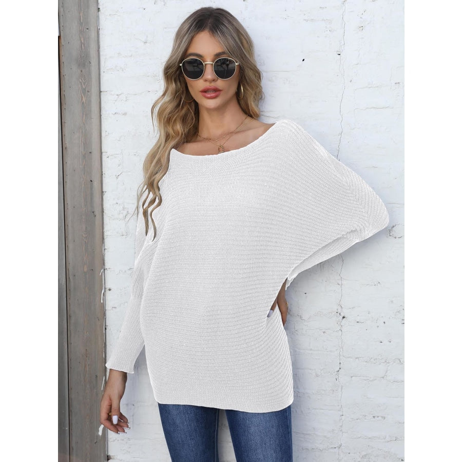 Full Size Horizontal Ribbing Dolman Sleeve Sweater