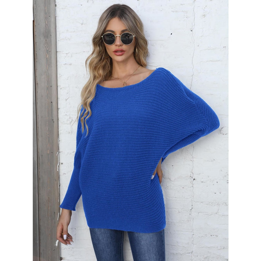 Full Size Horizontal Ribbing Dolman Sleeve Sweater