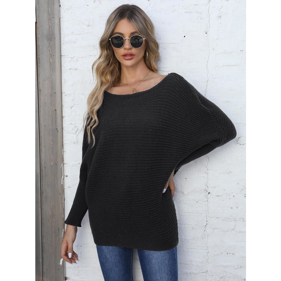 Full Size Horizontal Ribbing Dolman Sleeve Sweater