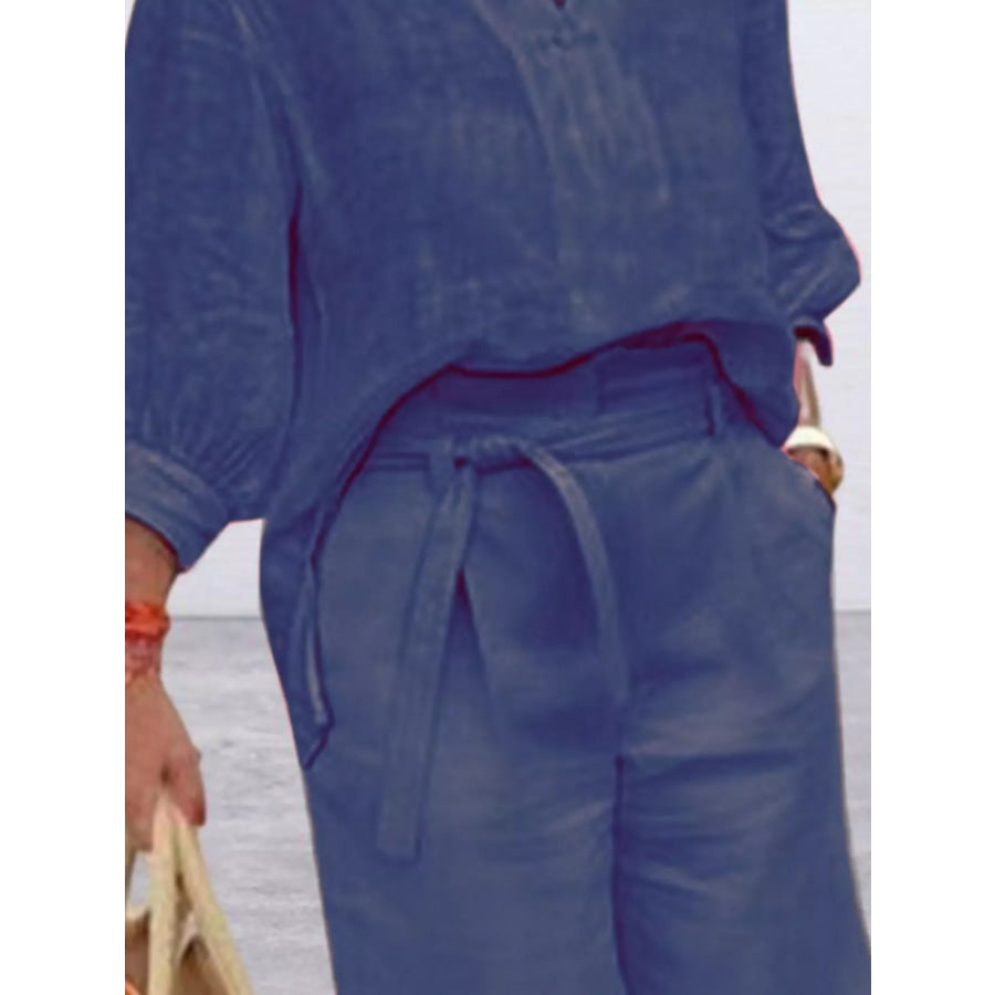 Full Size Johnny Collar 3/4 Sleeve Top and Shorts Set Plus Size Apparel and Accessories