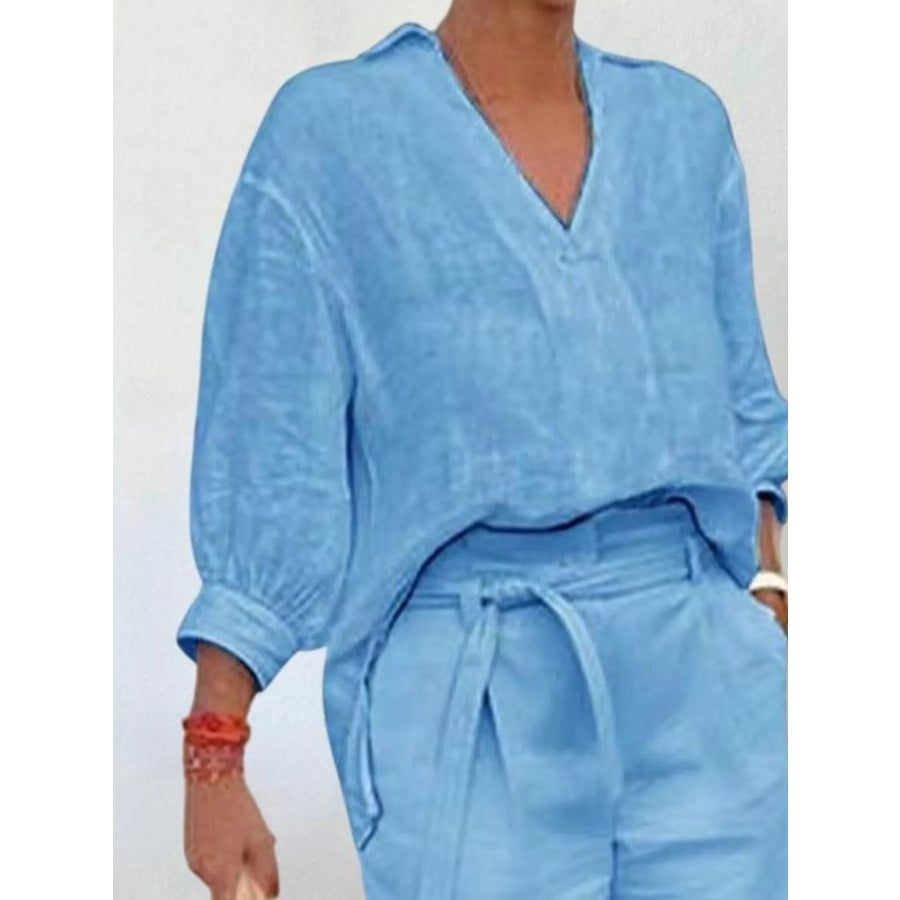 Full Size Johnny Collar 3/4 Sleeve Top and Shorts Set Plus Size Apparel and Accessories