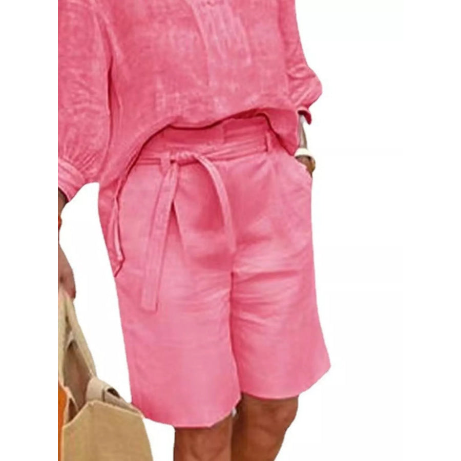 Full Size Johnny Collar 3/4 Sleeve Top and Shorts Set Plus Size Apparel and Accessories