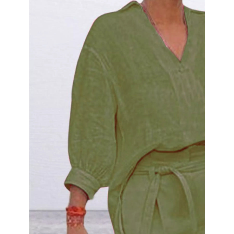 Full Size Johnny Collar 3/4 Sleeve Top and Shorts Set Plus Size Apparel and Accessories