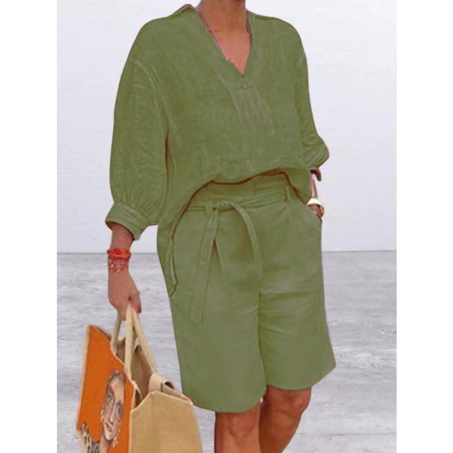 Full Size Johnny Collar 3/4 Sleeve Top and Shorts Set Plus Size Army Green / S Apparel and Accessories