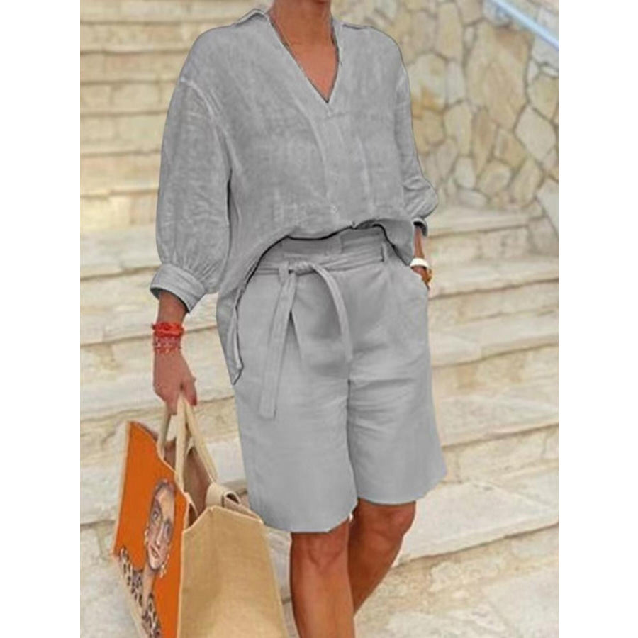 Full Size Johnny Collar 3/4 Sleeve Top and Shorts Set Plus Size Grey / S Apparel and Accessories