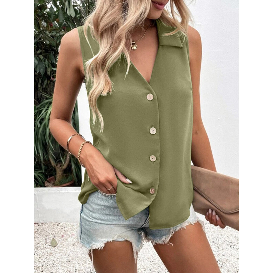 Full Size Johnny Collar Button Up Tank Apparel and Accessories