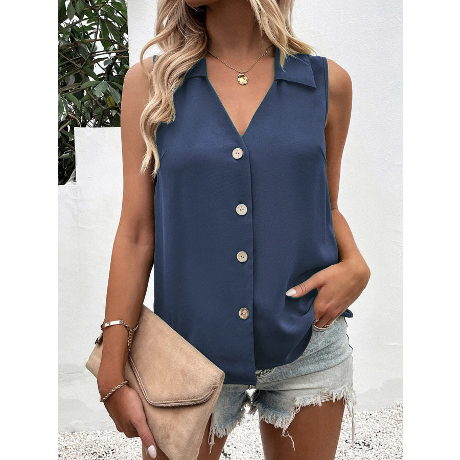 Full Size Johnny Collar Button Up Tank Apparel and Accessories