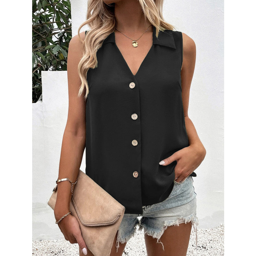 Full Size Johnny Collar Button Up Tank Black / S Apparel and Accessories