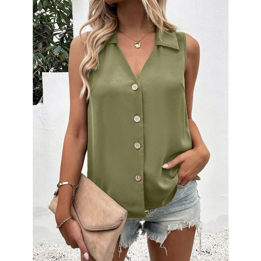 Full Size Johnny Collar Button Up Tank Chartreuse / S Apparel and Accessories