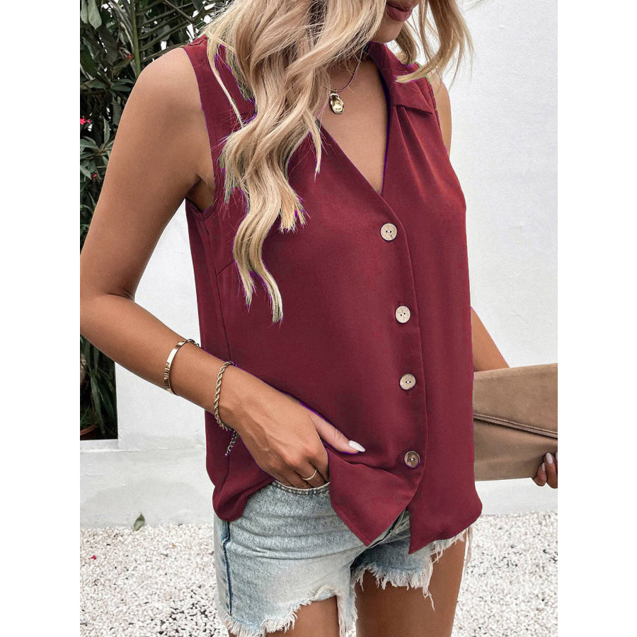 Full Size Johnny Collar Button Up Tank Wine / S Apparel and Accessories