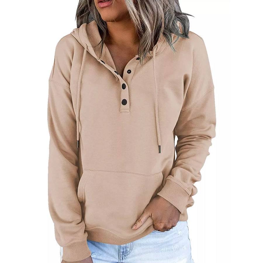 Full Size Kangaroo Pocket Dropped Shoulder Hoodie Plus Apricot / S Apparel and Accessories