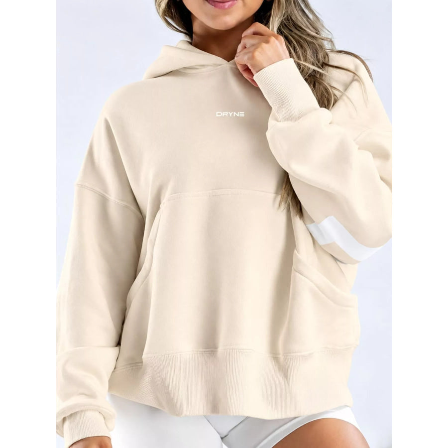 Full Size Kangaroo Pocket Dropped Shoulder Hoodie Plus Apricot-White Lettering / S Apparel and Accessories