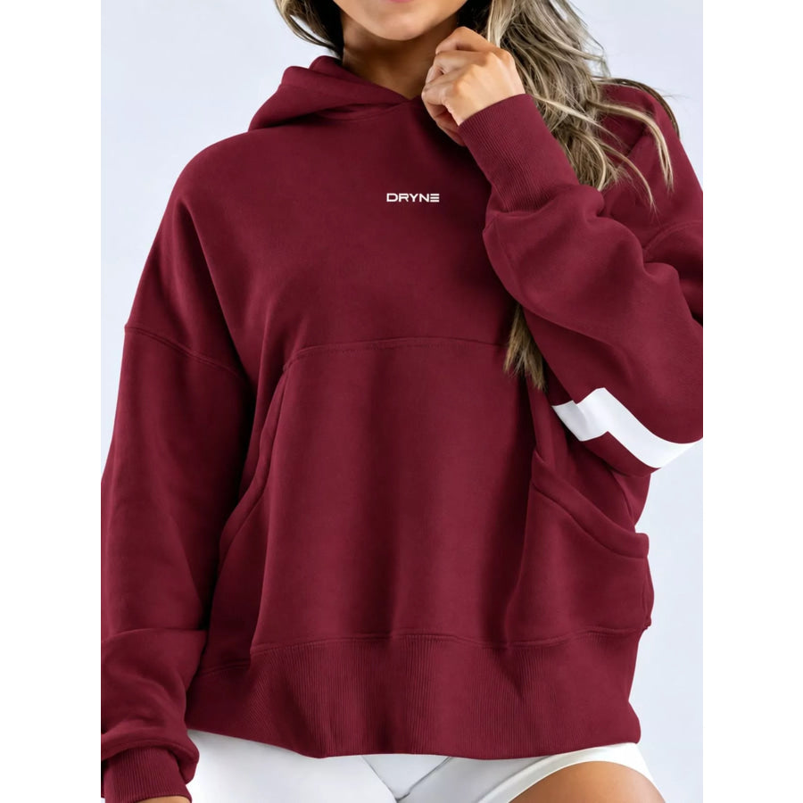 Full Size Kangaroo Pocket Dropped Shoulder Hoodie Plus Burgundy-White Lettering / S Apparel and Accessories