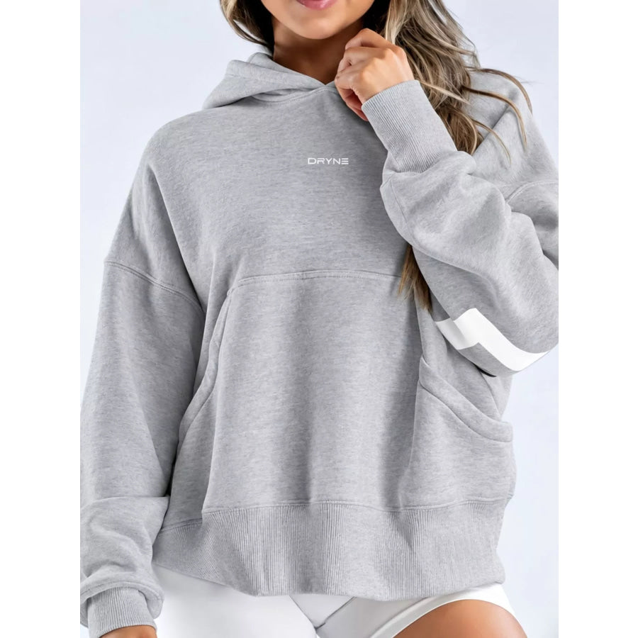 Full Size Kangaroo Pocket Dropped Shoulder Hoodie Plus Gray-White Lettering / S Apparel and Accessories