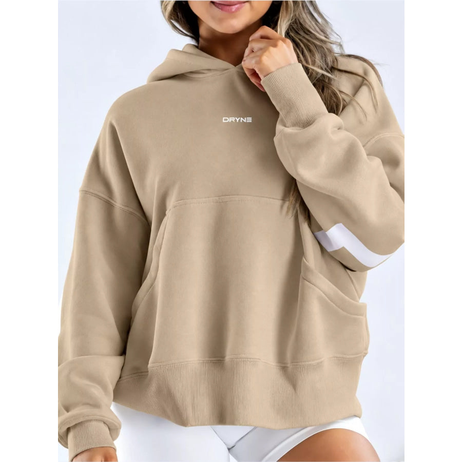 Full Size Kangaroo Pocket Dropped Shoulder Hoodie Plus Khaki-White Lettering / S Apparel and Accessories