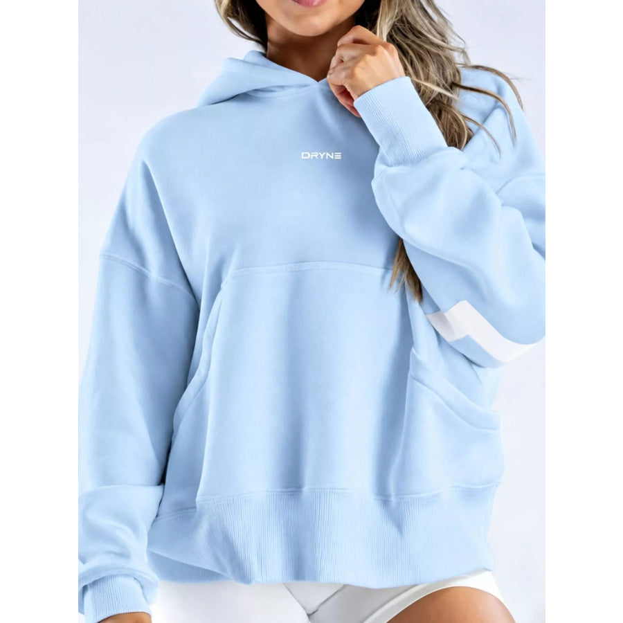 Full Size Kangaroo Pocket Dropped Shoulder Hoodie Plus Light Blue-White Lettering / S Apparel and Accessories