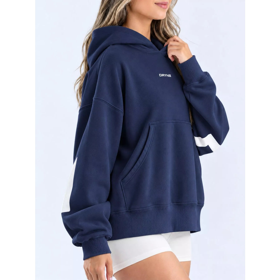 Full Size Kangaroo Pocket Dropped Shoulder Hoodie Plus Navy-White Lettering / S Apparel and Accessories
