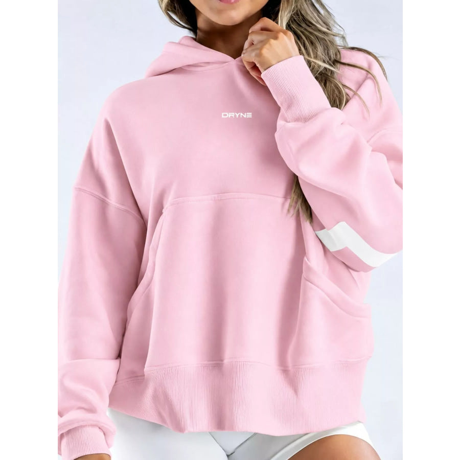 Full Size Kangaroo Pocket Dropped Shoulder Hoodie Plus Pink-White Lettering / S Apparel and Accessories