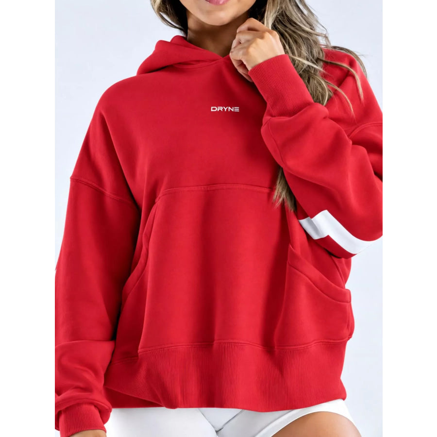 Full Size Kangaroo Pocket Dropped Shoulder Hoodie Plus Red-White Lettering / S Apparel and Accessories
