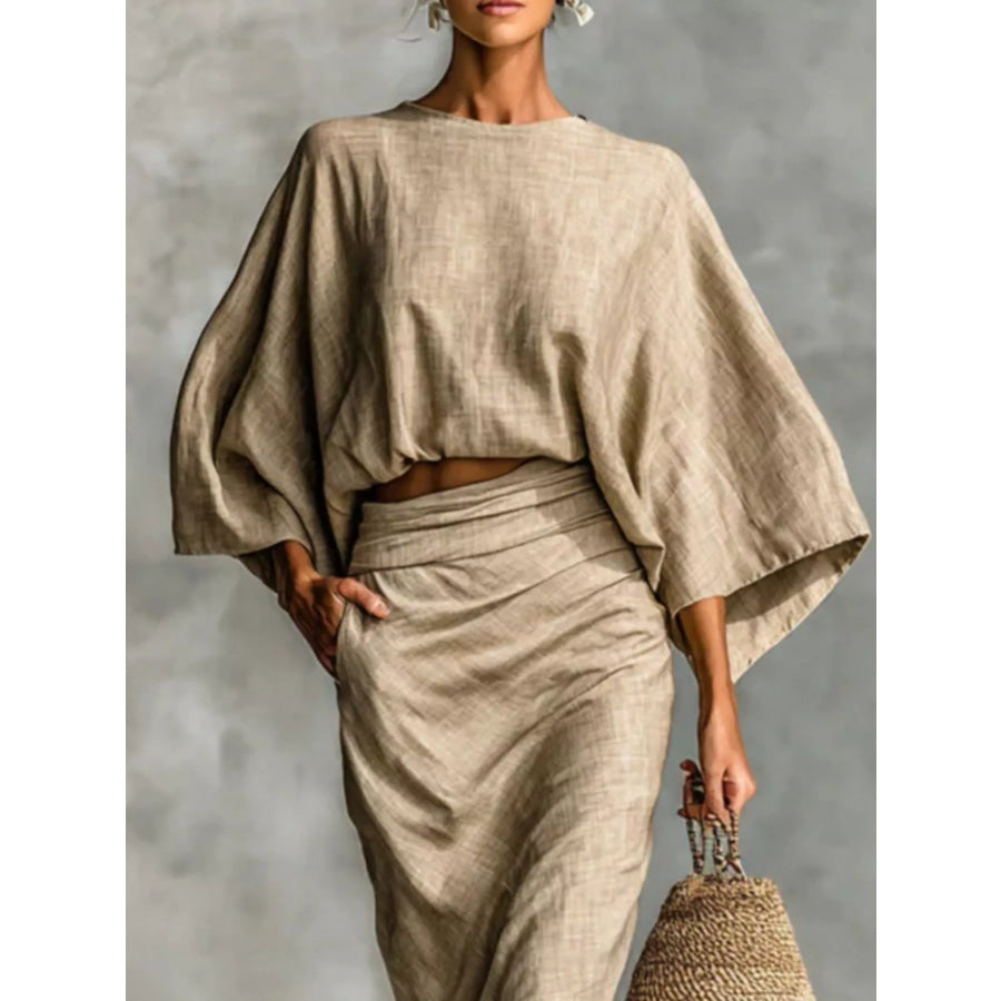 Full Size Kimono Sleeve Top and Ruched Skirt Set Plus Size Tan / S Apparel and Accessories