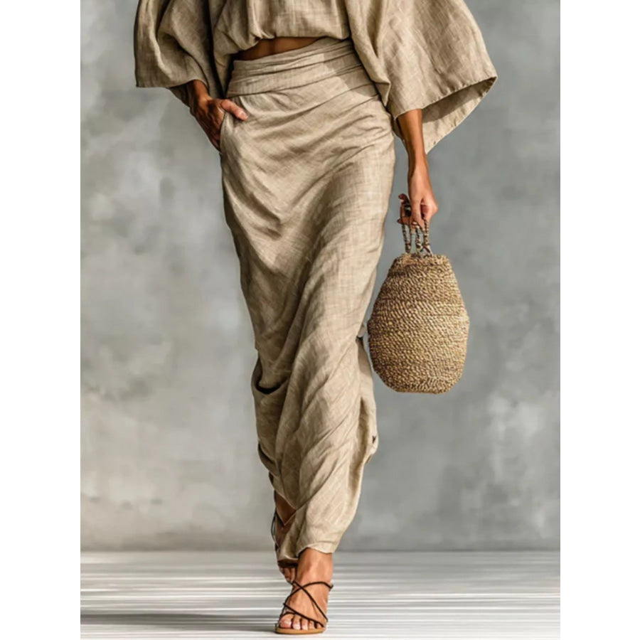 Full Size Kimono Sleeve Top and Ruched Skirt Set Plus Size Apparel and Accessories