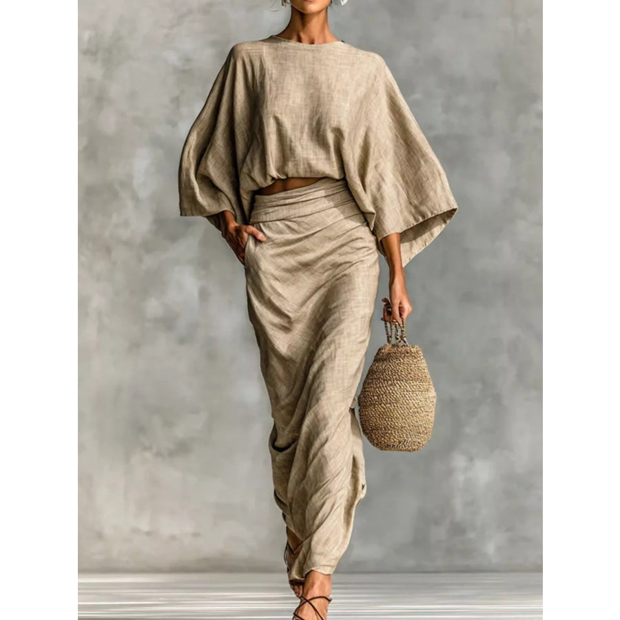 Full Size Kimono Sleeve Top and Ruched Skirt Set Plus Size Tan / S Apparel and Accessories