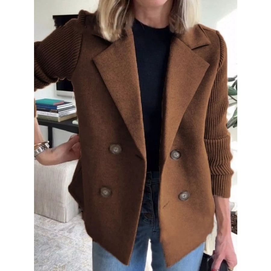 Full Size Knit Sleeve Double-Breasted Outerwear Plus Size Brown / S Apparel and Accessories