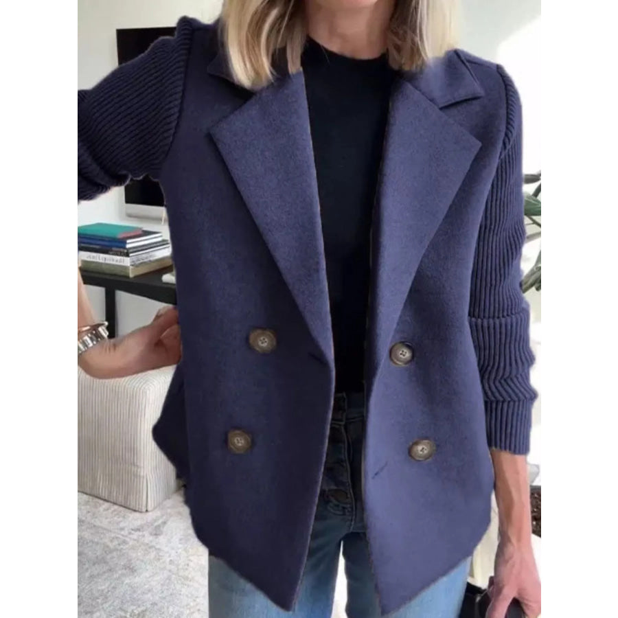 Full Size Knit Sleeve Double-Breasted Outerwear Plus Size Dark Blue / S Apparel and Accessories