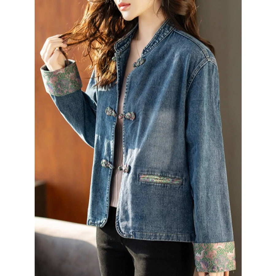 Full Size Knot Button Floral Cuff Denim Jacket Plus Apparel and Accessories