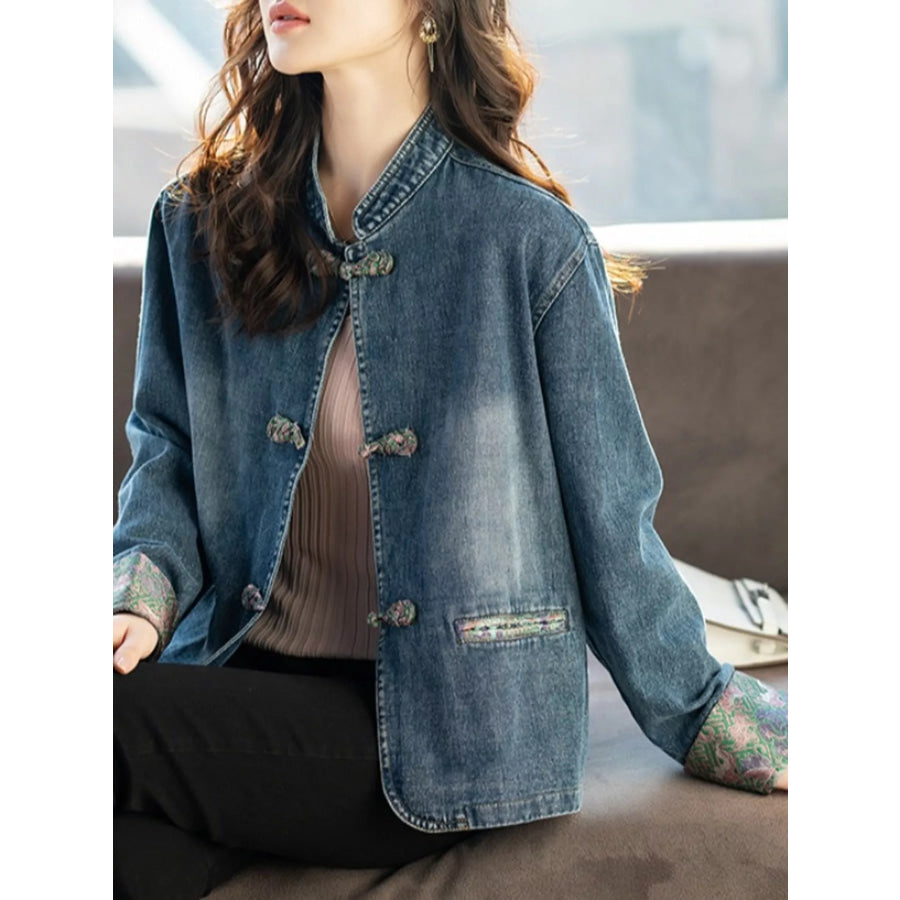 Full Size Knot Button Floral Cuff Denim Jacket Plus Apparel and Accessories