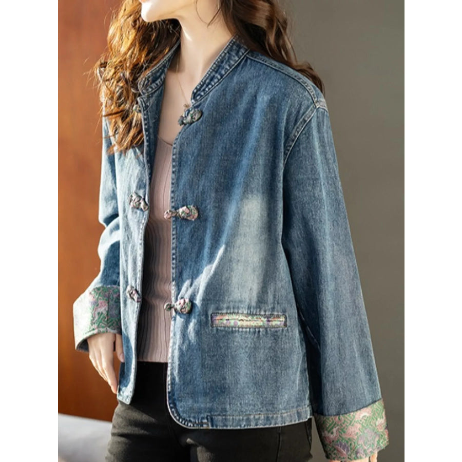 Full Size Knot Button Floral Cuff Denim Jacket Plus Apparel and Accessories