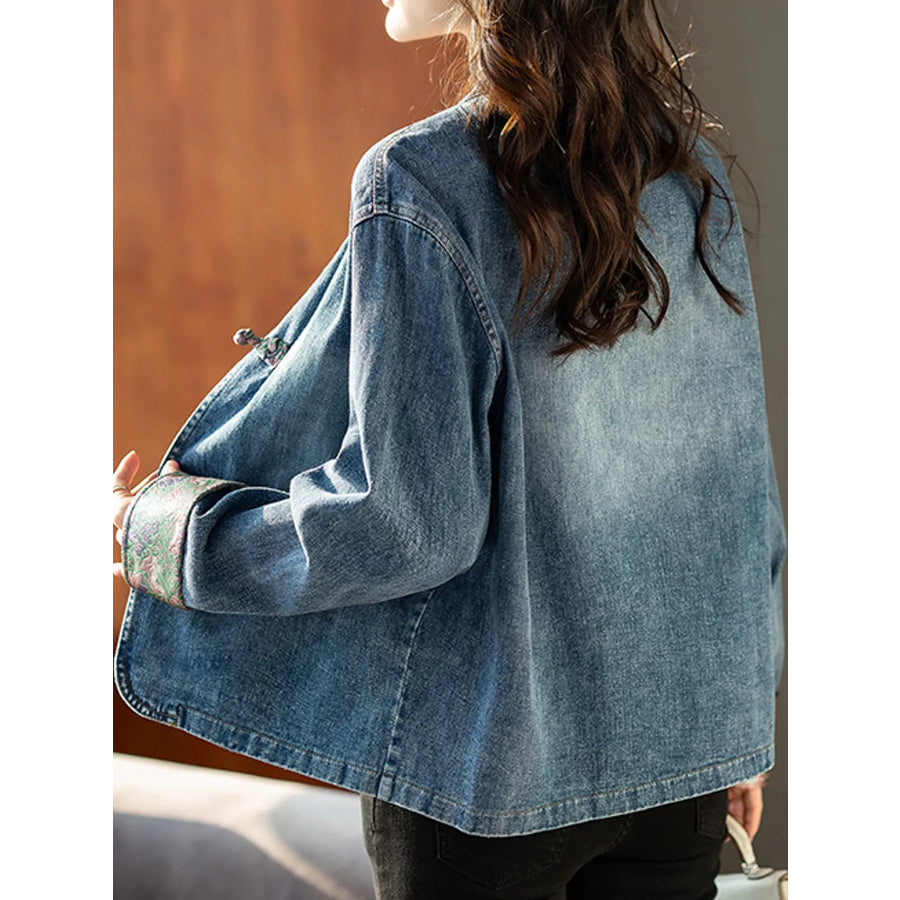 Full Size Knot Button Floral Cuff Denim Jacket Plus Apparel and Accessories