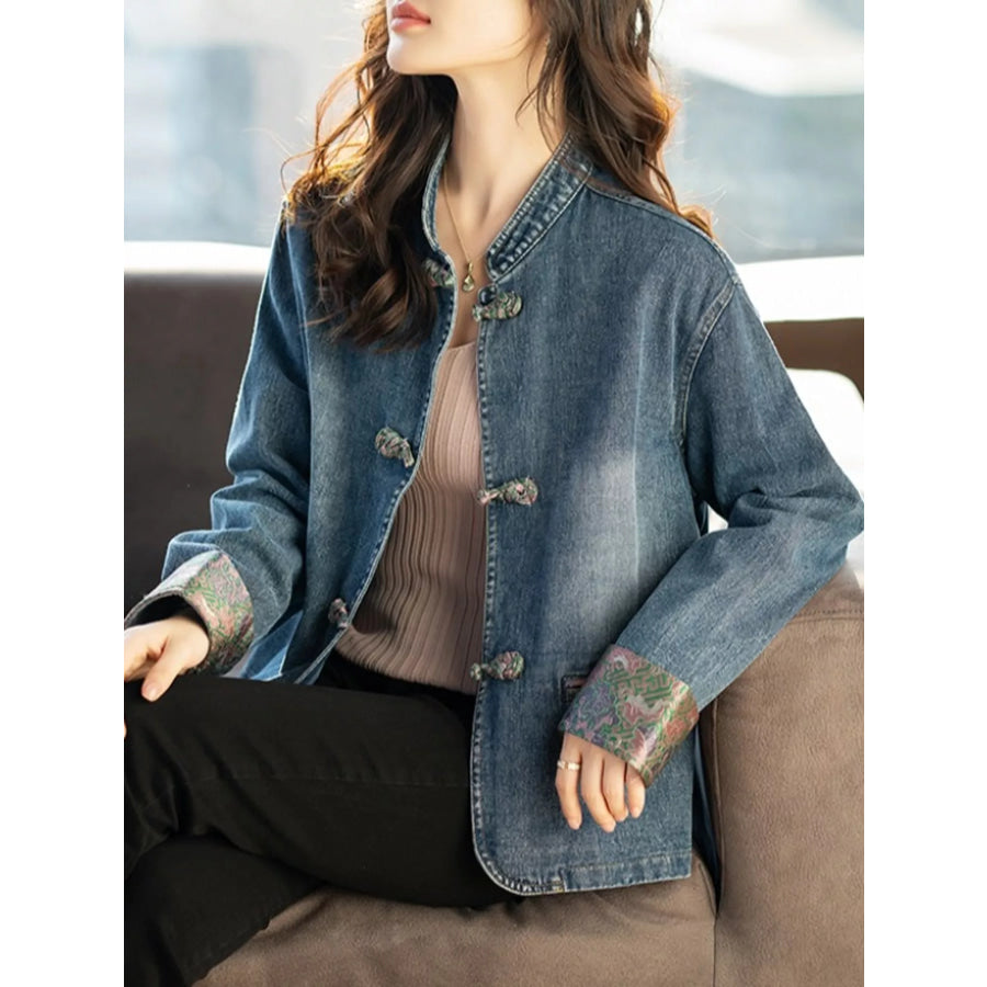 Full Size Knot Button Floral Cuff Denim Jacket Plus Apparel and Accessories