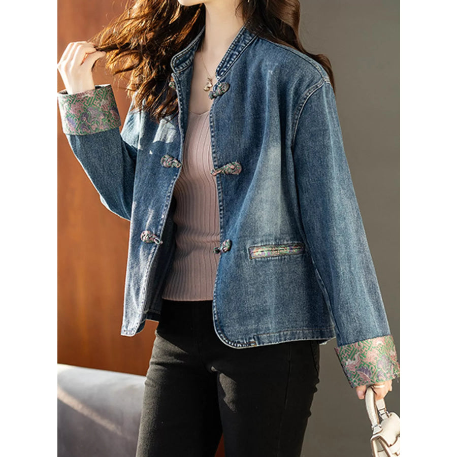 Full Size Knot Button Floral Cuff Denim Jacket Plus Blue / S Apparel and Accessories