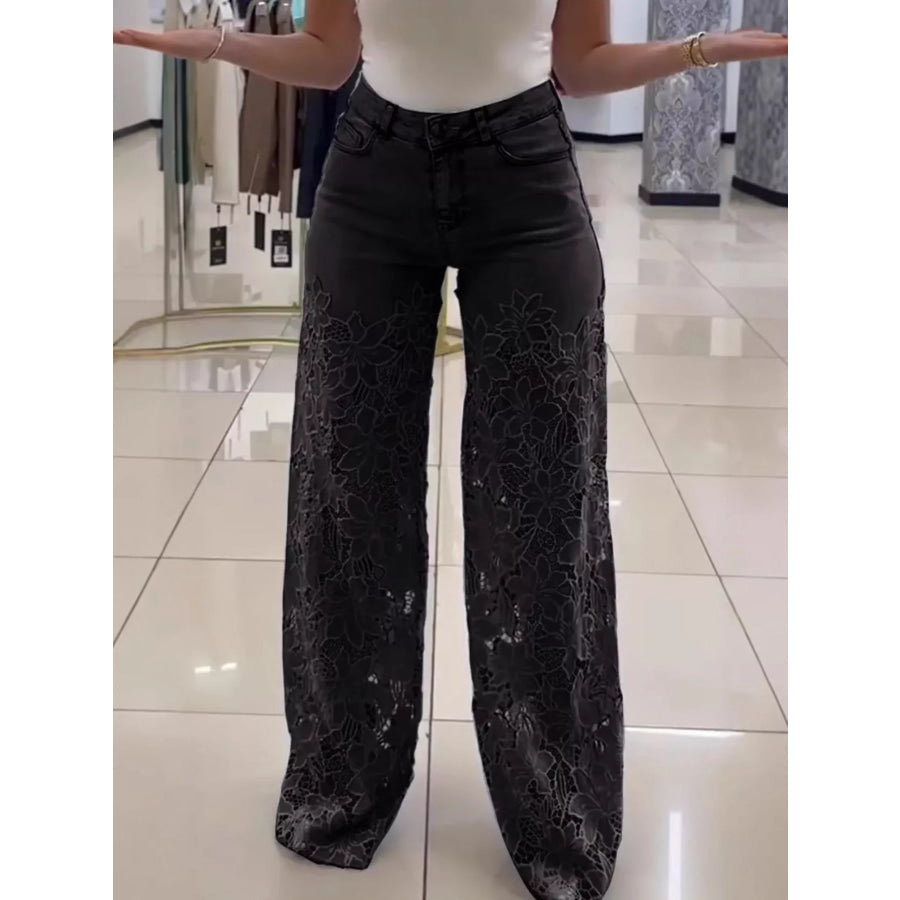 Full Size Lace Cutout Wide-Leg Jeans Plus Black / S Apparel and Accessories
