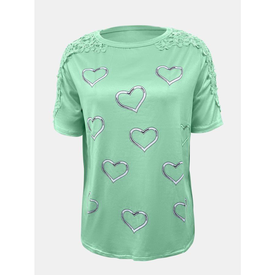 Full Size Lace Detail Heart Round Neck Short Sleeve Top Apparel and Accessories