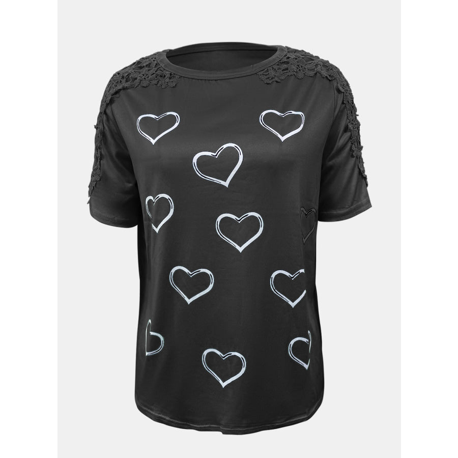 Full Size Lace Detail Heart Round Neck Short Sleeve Top Apparel and Accessories