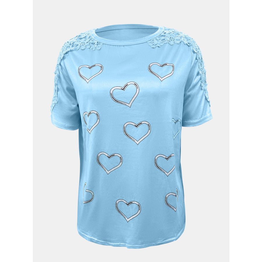 Full Size Lace Detail Heart Round Neck Short Sleeve Top Sky Blue / S Apparel and Accessories