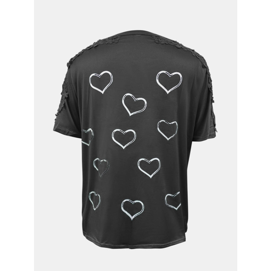 Full Size Lace Detail Heart Round Neck Short Sleeve Top Apparel and Accessories