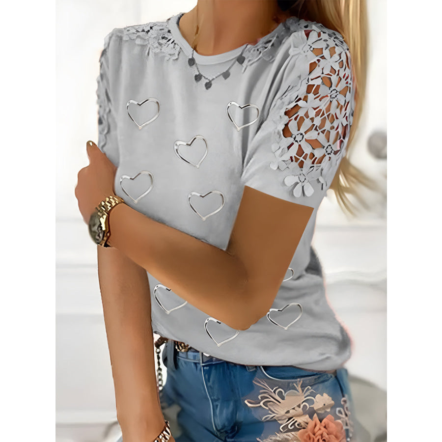 Full Size Lace Detail Heart Round Neck Short Sleeve Top Light Gray / S Apparel and Accessories