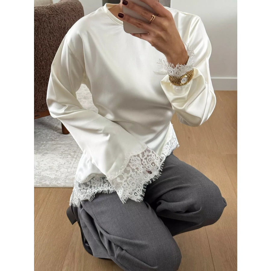 Full Size Lace Detail Long Sleeve Blouse Plus Apparel and Accessories
