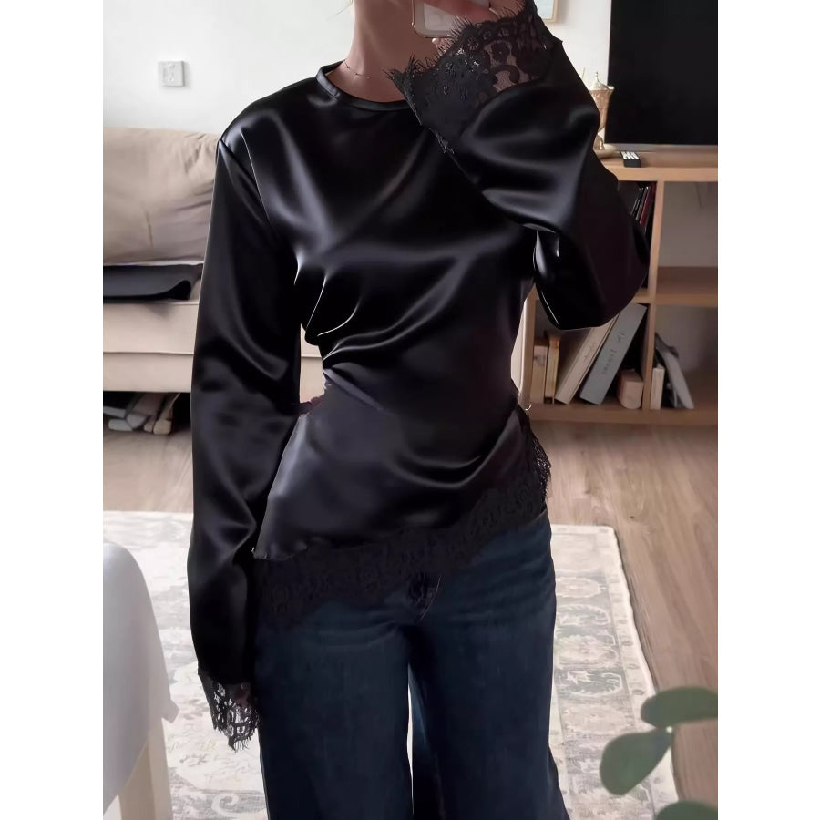Full Size Lace Detail Long Sleeve Blouse Plus Black / S Apparel and Accessories