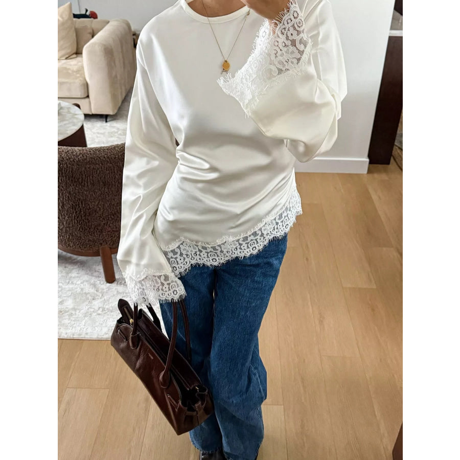 Full Size Lace Detail Long Sleeve Blouse Plus White / S Apparel and Accessories