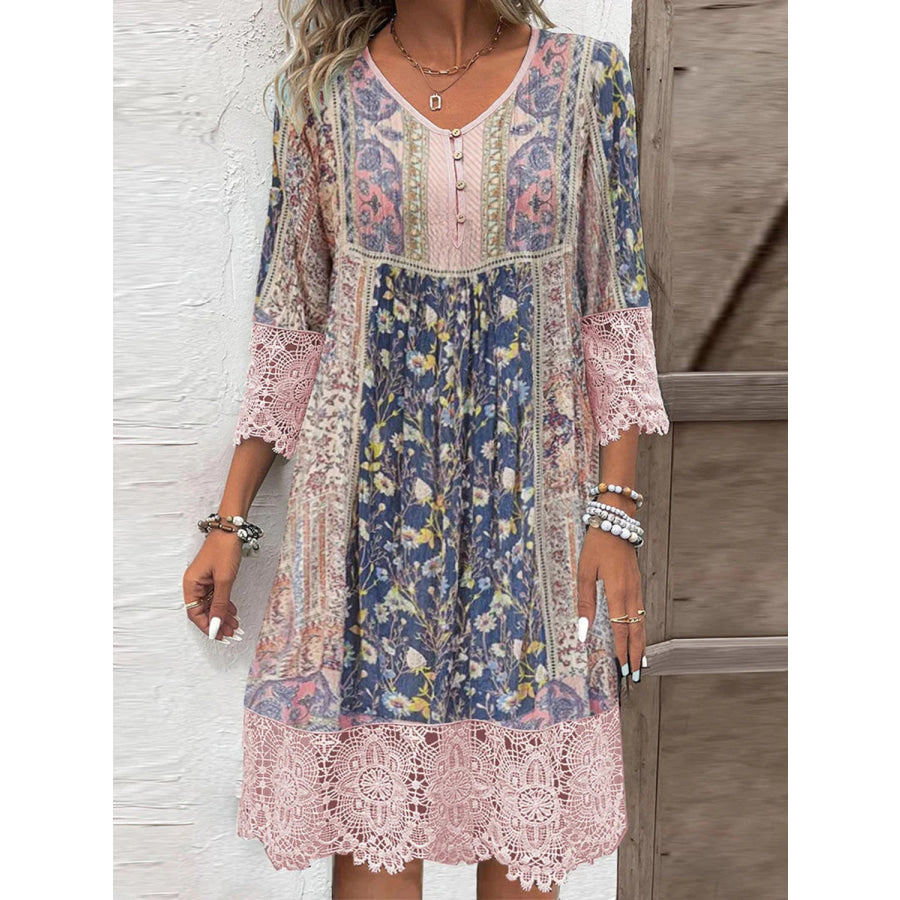 Full Size Lace Detail Printed Three-Quarter Sleeve Dress Blush Pink / S Apparel and Accessories