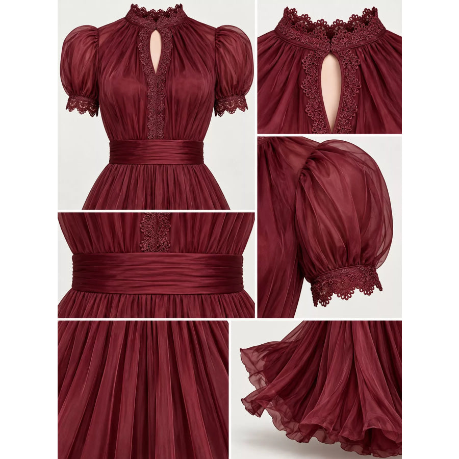 Full Size Lace Detail Puff Sleeve Maxi Dress Plus Apparel and Accessories