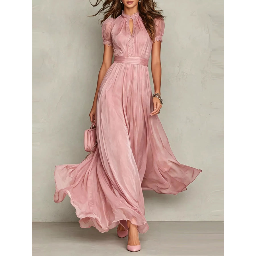 Full Size Lace Detail Puff Sleeve Maxi Dress Plus Pink / S Apparel and Accessories